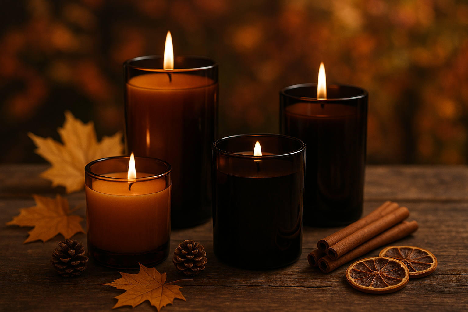 this is a candle store make an elegent pciture of some woody candled basiclally autom style